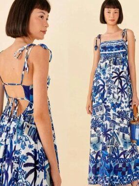NWT - FARM RIO DRESS MAXI BLUE SWEET RIO‎ OFF WHITE - Size S